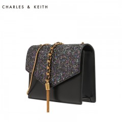 CHARLES＆KEITH 信封包 流苏饰单肩链条小方包 黑色