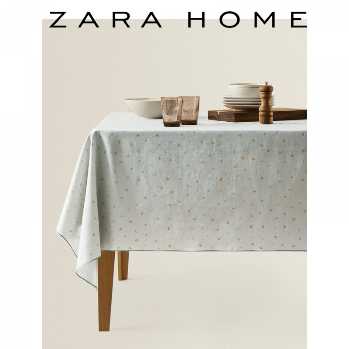 Zara Home 简约田园风蓝绿色镶边树叶印花棉质桌布