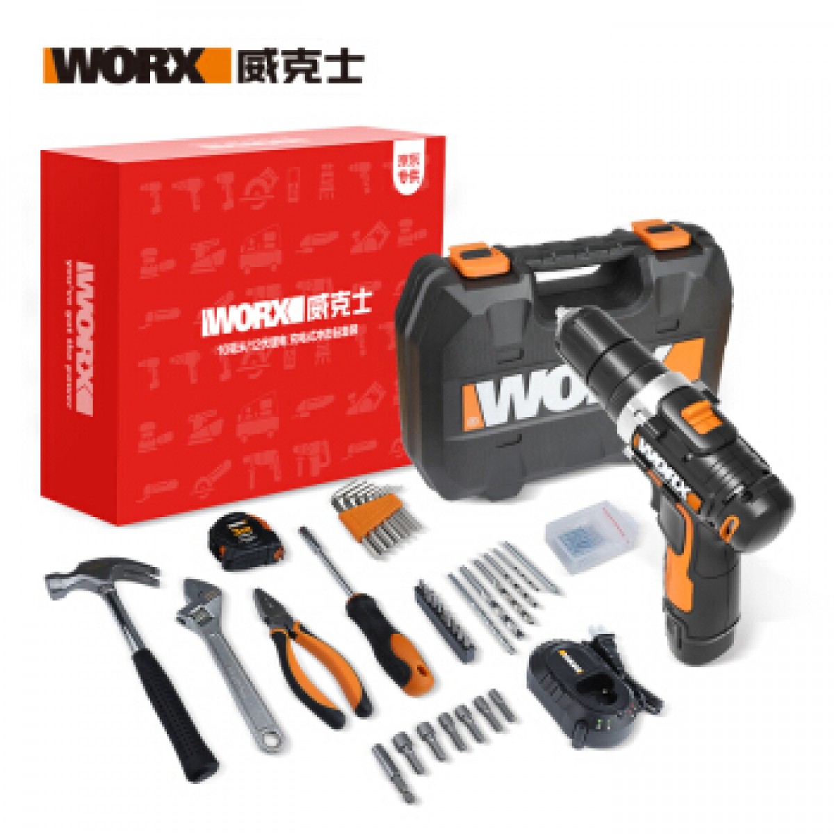 威克士(Worx)12伏锂电钻WX129.5 冲击钻家用手电钻维修套装车载木工电工工具箱59件套电动工具