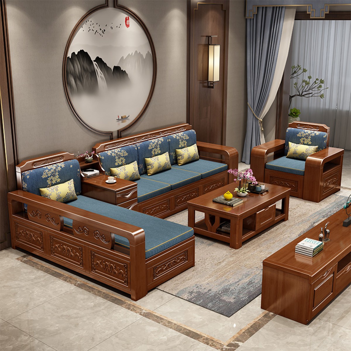 全实木沙发雕花组合现代中式客厅冬夏两用转角贵妃小户型储物沙发