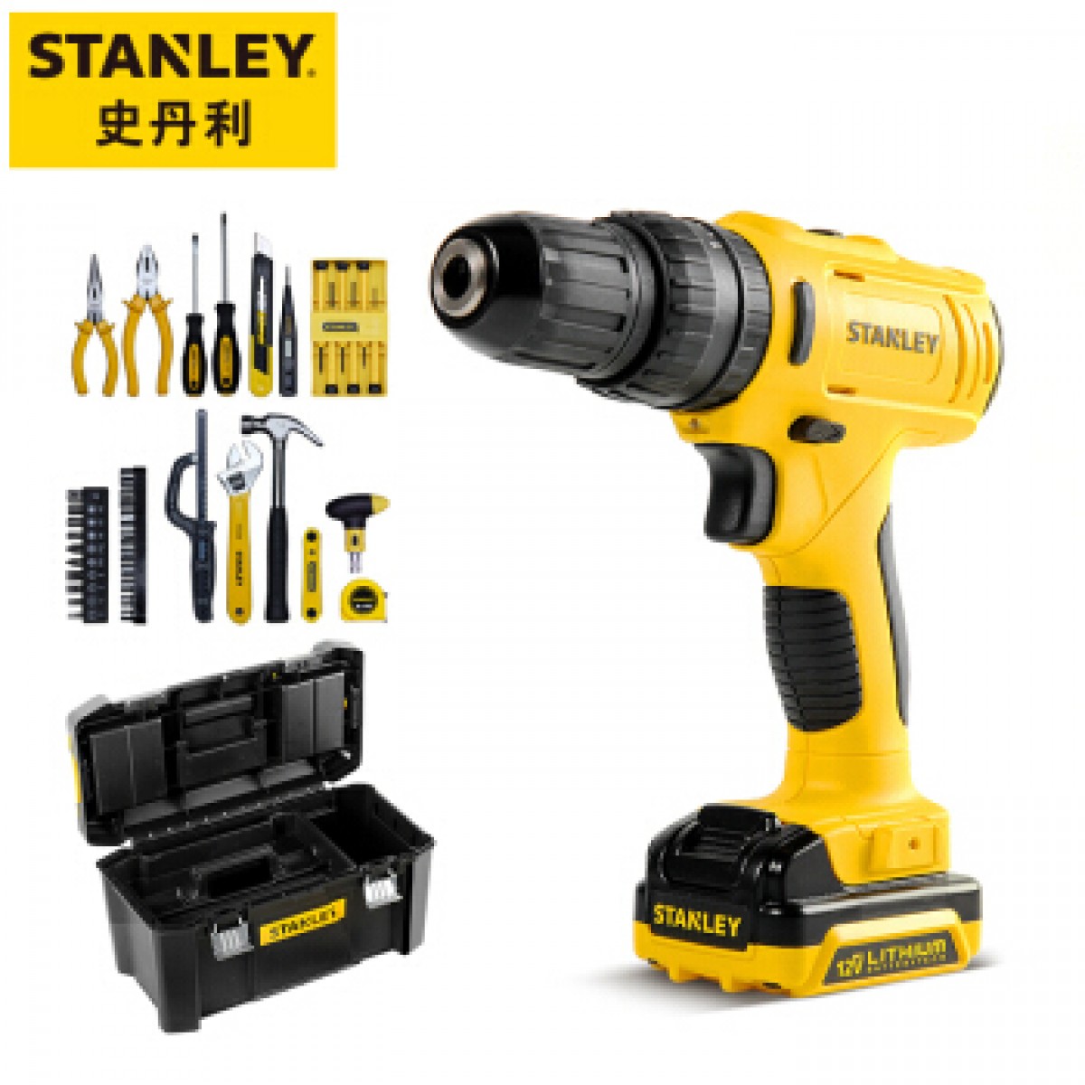 史丹利（STANLEY） 12V 充电钻锂电钻手电钻冲击钻电动螺丝刀电起子机工具箱套装 SCH12S1H-A9